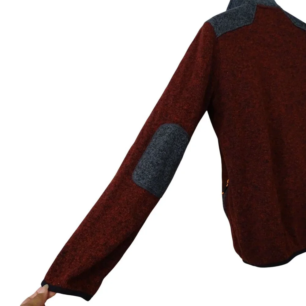 Orvis Men Red Gray Full Zip Knit Jacket Size M Elbow Patches High Collar Outdoor